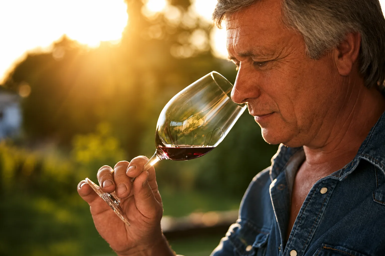 Man provar ett glas rött vin i solnedgången
